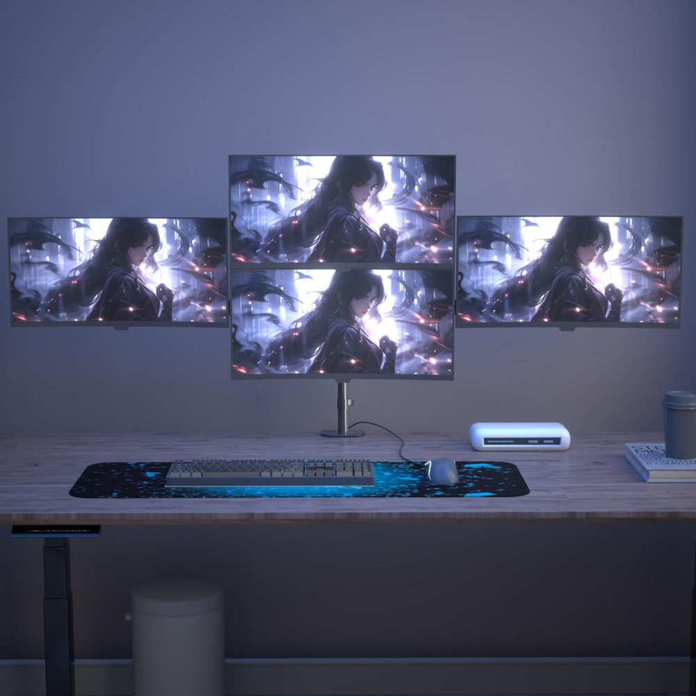 Suport 4 Monitoare Premium Pholiten 17–32 inch, Brațe cu Arc pe Gaz, 10 kg/Braț, VESA 75x75/100x100, Reglaj Ergonomic, Prindere Clema sau Șurub, Negru [8]