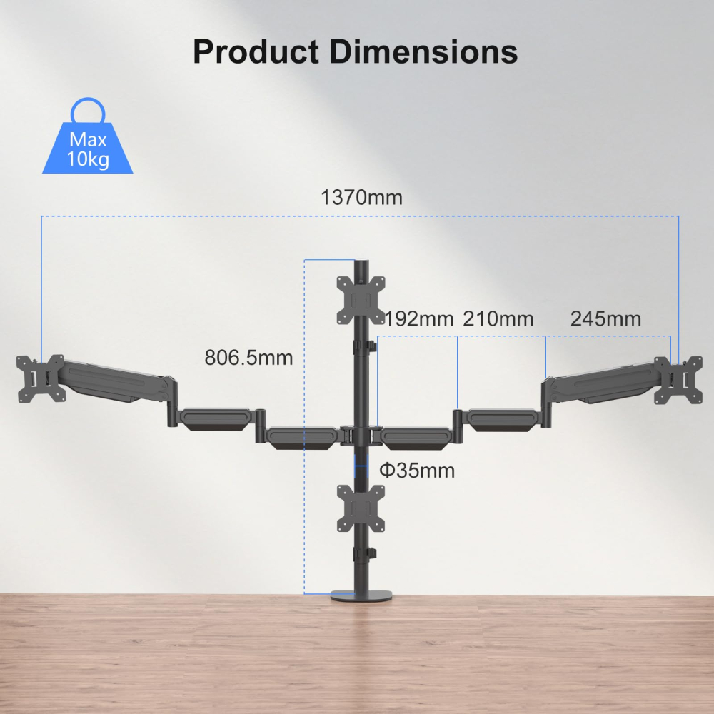 Suport 4 Monitoare Premium Pholiten 17–32 inch, Brațe cu Arc pe Gaz, 10 kg/Braț, VESA 75x75/100x100, Reglaj Ergonomic, Prindere Clema sau Șurub, Negru [3]