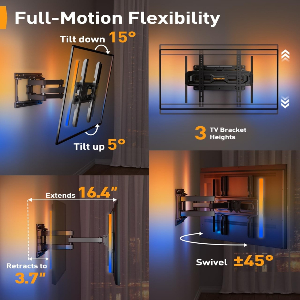Suport TV Perete Perlegear 26–65 inch, 45 kg, VESA 400x400, Braț Extensibil Rotativ ±45°, Înclinare, LED RGB cu Sincronizare Muzică, Negru [4]