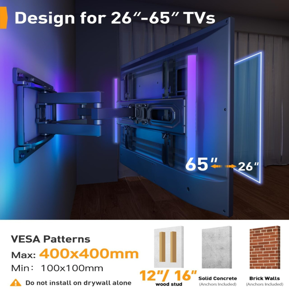 Suport TV Perete Perlegear 26–65 inch, 45 kg, VESA 400x400, Braț Extensibil Rotativ ±45°, Înclinare, LED RGB cu Sincronizare Muzică, Negru [3]