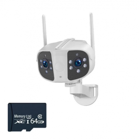 Casa Si Bricolaj - Camera de supraveghere dual, vedere panoramica, 180° fiecare obiectiv, WIFI, 1080P Ultra HD, zoom de 100x, comunicare bidirectionala, senzor de miscare cu declansare alarma automata, Night Vision, Led