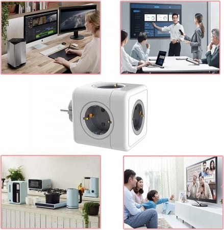 Casa Si Bricolaj - Adaptor Priza Tip Cub 7 in 1 SERBY®, Stecher cubic 4x prize(4000W) 2 x USB, 1 xType C, Protectie Copii, Protectie La Supratensiune Si Scurtcircuit, Alb