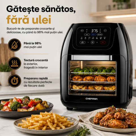 Airfryer Chefman® 10L, 1800W, Cuptor cu Convectie, Rotisor, Deshidrator, 17 Programe + Prelungitor Profesional 3000W, 5 m [6]