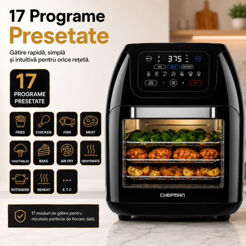 Ustensile bucatarie - Airfryer Chefman® 10L, 1800W, Cuptor cu Convectie, Rotisor, Deshidrator, 17 Programe + Prelungitor Profesional 3000W, 5 m