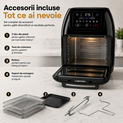 Airfryer Chefman® 10L, 1800W, Cuptor cu Convectie, Rotisor, Deshidrator, 17 Programe + Prelungitor Profesional 3000W, 5 m [3]