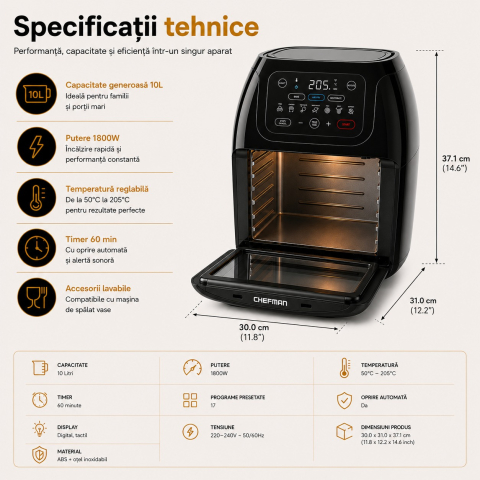 Airfryer Chefman® 10L, 1800W, Cuptor cu Convectie, Rotisor, Deshidrator, 17 Programe + Prelungitor Profesional 3000W, 5 m [4]