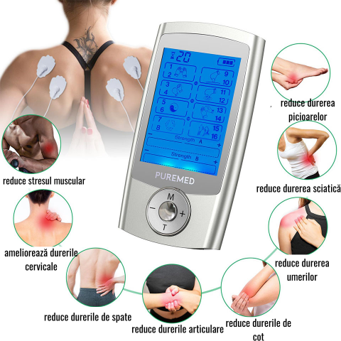 Aparat De Masaj Cu Electrostimulare/Fizioterapie, Stimulator cu 16 moduri Dual Chanel, Cu 20 Niveluri De Intensitate, 4 Electrozi, Doua Canale De Utilizare, 16 Programe De Masaj, Pentru ameliorarea du [1]