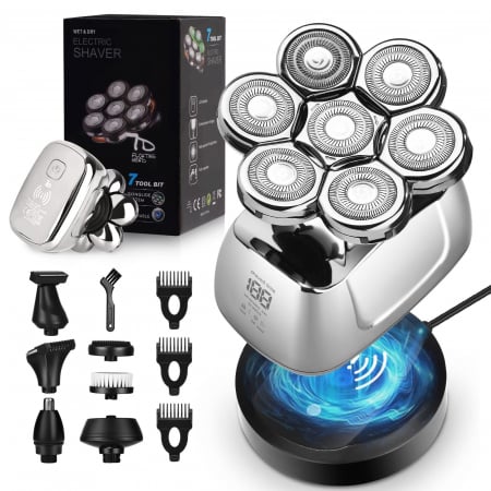 Ingrijire Personala & Sport Si Sanatate - Aparat de ras 7D , rezistenta la apa IPX6, cu 6 capete de schimb, cu statie de incarcare rapida, autonomie de 60 de minute, afisaj cu LED