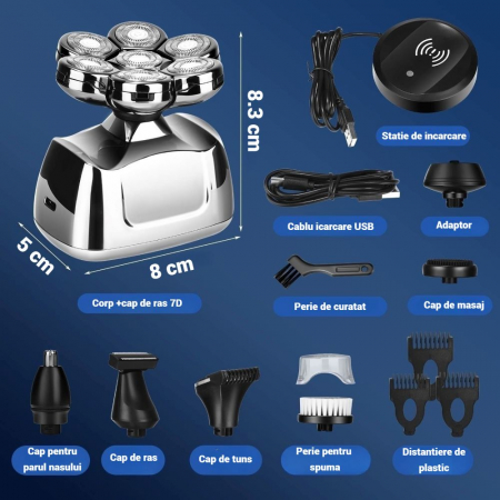 Aparat de ras 7D , rezistenta la apa IPX6, cu 6 capete de schimb, cu statie de incarcare rapida, autonomie de 60 de minute, afisaj cu LED [2]