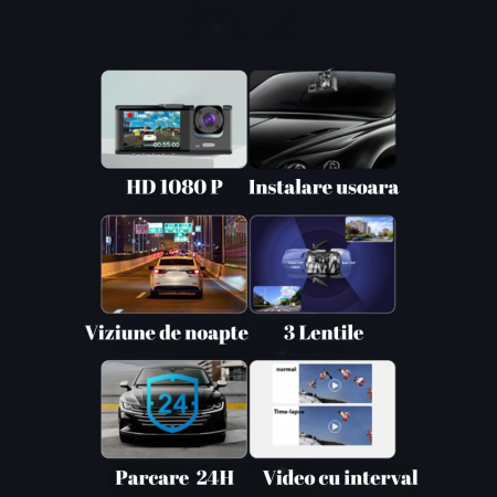 Camera auto DVR, vizualizare 170°, 3 camere, ecran 2", vizualizare nocturna, full HD 1080 P, detectare miscare [2]