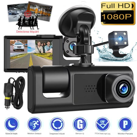 Diverse - Camera auto DVR, vizualizare 170°, 3 camere, ecran 2", vizualizare nocturna, full HD 1080 P, detectare miscare