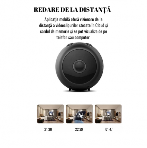 Camera de supraveghere mini spion, 1080P, HD, 360 de grade, vedere cu infrarosu pe timp de noapte, controlabila prin aplicatie mobila, senzor de detectare a miscarii, unghi de vizualizare de 150 grade [1]