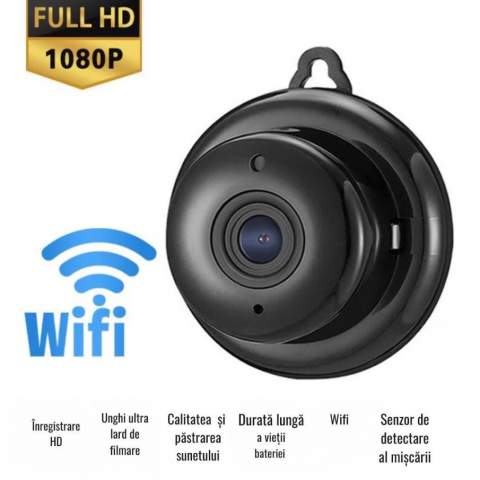 Casa Si Bricolaj - Camera de supraveghere mini spion, Wifi, controlabila prin telefon, vedere nocturna in infrarosu, stocare automata in cloud, full HD, 1080P, 150 grade unghi de filmare, functie de inregistrare in bucl