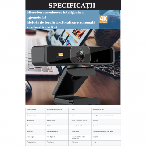 Camera web 4K HD, 8MP, cu support incorporate si telecomanda pentru controlul imaginii [5]