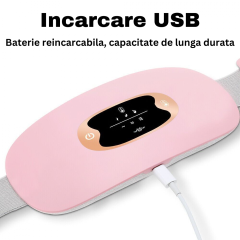 Aparat centura abdominala  cu masaj vibratoriu si incalzire pentru durerile menstruale, abdominale si lombare, cu 3 nivele de caldura si vibromasaj, portabil, roz [6]