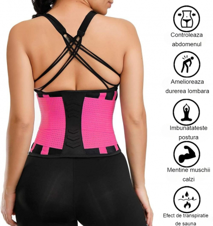 Centura abdominala SERBY®, pentru fitnes si conturarea taliei, material respirabil, , negru cu roz [1]