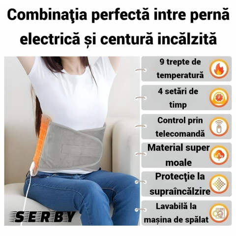 Centura electrica SERBY®, incalzire rapida pentru abdomen, spate, gat, umeri, picioare, 9 niveluri de caldura, 4 setari de timp, lavabila, oprire automata [1]