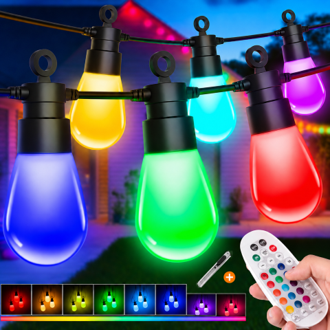 Casa Si Bricolaj - Ghirlanda LED RGB Exterior/Interior 21.1 m, IP65, 19 Becuri + 1 LED Rezerva, 15 Culori, 7 Moduri Iluminare, Telecomanda 32 Butoane, instalatie cu Timer 4H/6H/8H, Viteza Reglabila, Memorie, Terasa, Gra
