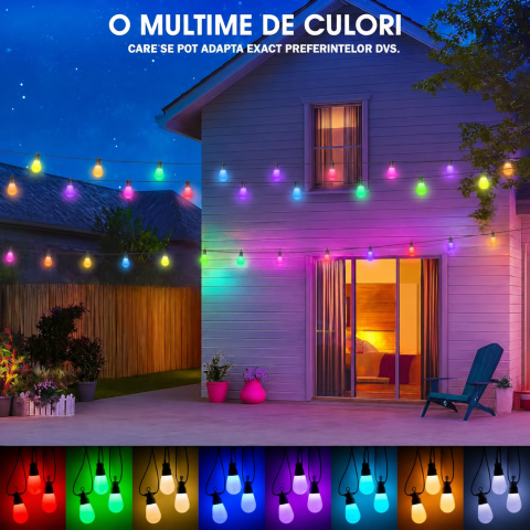 Ghirlanda LED RGB Exterior/Interior 21.1 m, IP65, 19 Becuri + 1 LED Rezerva, 15 Culori, 7 Moduri Iluminare, Telecomanda 32 Butoane, instalatie cu Timer 4H/6H/8H, Viteza Reglabila, Memorie, Terasa, Gra [2]