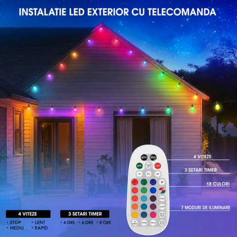 Ghirlanda LED RGB Exterior/Interior 21.1 m, IP65, 19 Becuri + 1 LED Rezerva, 15 Culori, 7 Moduri Iluminare, Telecomanda 32 Butoane, instalatie cu Timer 4H/6H/8H, Viteza Reglabila, Memorie, Terasa, Gra [1]