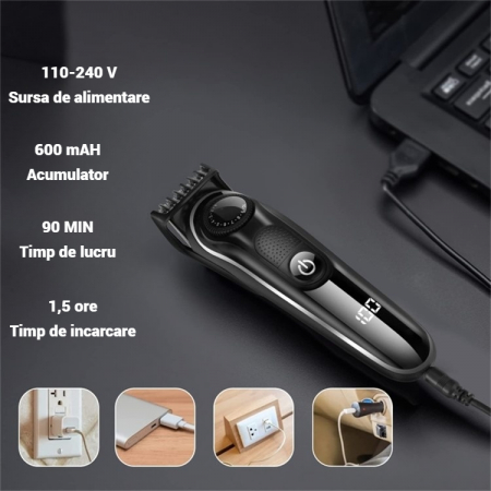 Masina de tuns fara fir, cu 5 capete de schimb, afisaj LED si incarcare rapida, lama de otel inoxidabila, cu autonomie 90 de minute, cutie de depozitare inclusa [2]