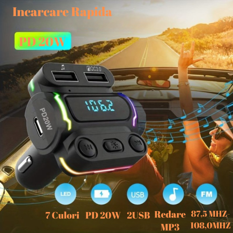 N032 Modulator FM SERBY®, bluetooth 5.0, incarcator auto cu incarcare rapida, USB 3.0, Type C20 W, MP3 Player, 7 culori, Negru [3]