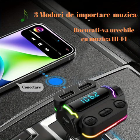 N032 Modulator FM SERBY®, bluetooth 5.0, incarcator auto cu incarcare rapida, USB 3.0, Type C20 W, MP3 Player, 7 culori, Negru [5]