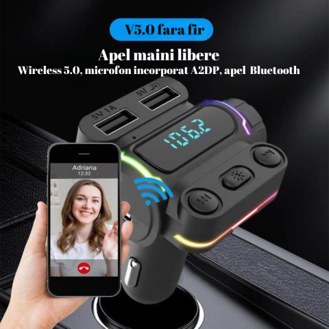 N032 Modulator FM SERBY®, bluetooth 5.0, incarcator auto cu incarcare rapida, USB 3.0, Type C20 W, MP3 Player, 7 culori, Negru [7]