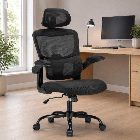 Casa Si Bricolaj - Scaun ergonomic pentru birou si calculator, Suporta 136 Kg, reglabil pe inaltime, cu tetiera si suport lombar, brate rabatabile 90°, rotire 360°, rotile silentioase, tapiterie respirabila, confort sporit pentru acasa sau birou, Negru