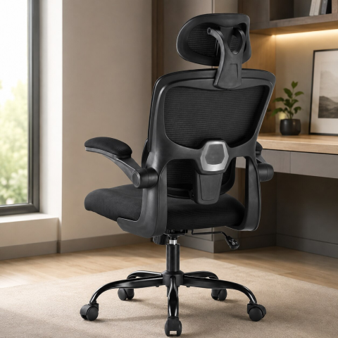 Scaun ergonomic pentru birou si calculator, Suporta 136 Kg, reglabil pe inaltime, cu tetiera si suport lombar, brate rabatabile 90°, rotire 360°, rotile silentioase, tapiterie respirabila, confort sporit pentru acasa sau birou, Negru [1]