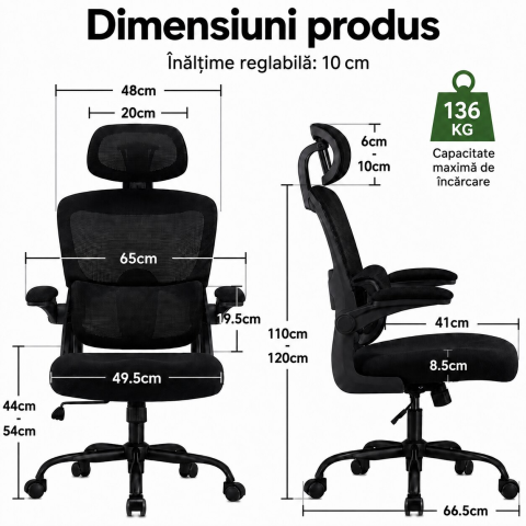 Scaun ergonomic pentru birou si calculator, Suporta 136 Kg, reglabil pe inaltime, cu tetiera si suport lombar, brate rabatabile 90°, rotire 360°, rotile silentioase, tapiterie respirabila, confort sporit pentru acasa sau birou, Negru [2]