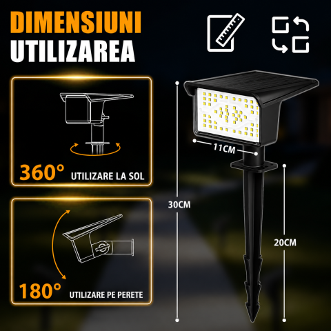 Set 4 Lampi Solare LED Exterior 60 LED/Lampa, Proiector solar IP68, Lumina Alb Rece 6500K, 3 Trepte Luminozitate, Acumulator 1500 mAh, Senzor Zi/Noapte, Montaj Sol/Perete, Gradina, Curte [3]
