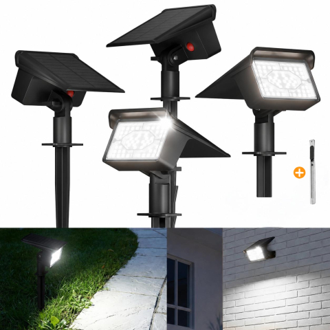 Lampi Solare & Decoratiuni - Set 4 Lampi Solare LED Exterior 60 LED/Lampa, Proiector solar IP68, Lumina Alb Rece 6500K, 3 Trepte Luminozitate, Acumulator 1500 mAh, Senzor Zi/Noapte, Montaj Sol/Perete, Gradina, Curte