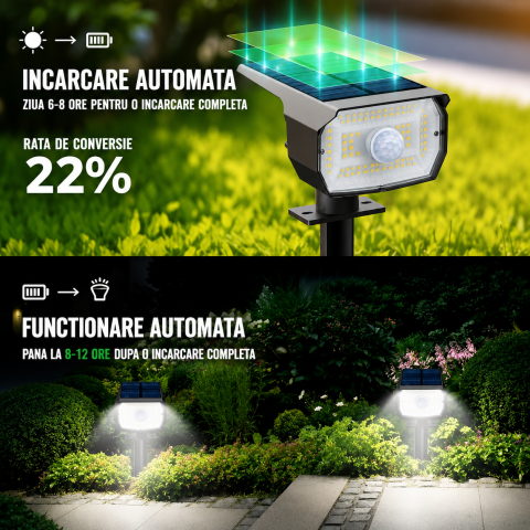 Set 4 Lampi Solare LED Exterior cu Senzor Miscare PIR, Proiector solar IP65, 56 LED/Lampa, 3 Moduri Iluminare, Lumina Alb Rece 6500K, Panou Solar Senzor Zi/Noapte, Montaj Sol/Perete, Gradina, Curte, A [1]