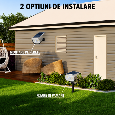 Set 4 Lampi Solare LED Exterior cu Senzor Miscare PIR, Proiector solar IP65, 56 LED/Lampa, 3 Moduri Iluminare, Lumina Alb Rece 6500K, Panou Solar Senzor Zi/Noapte, Montaj Sol/Perete, Gradina, Curte, A [4]