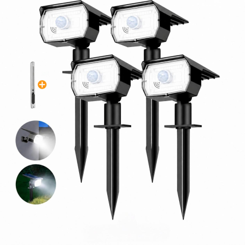 Casa Si Bricolaj - Set 4 Lampi Solare LED Exterior cu Senzor Miscare PIR, Proiector solar IP65, 56 LED/Lampa, 3 Moduri Iluminare, Lumina Alb Rece 6500K, Panou Solar Senzor Zi/Noapte, Montaj Sol/Perete, Gradina, Curte, A