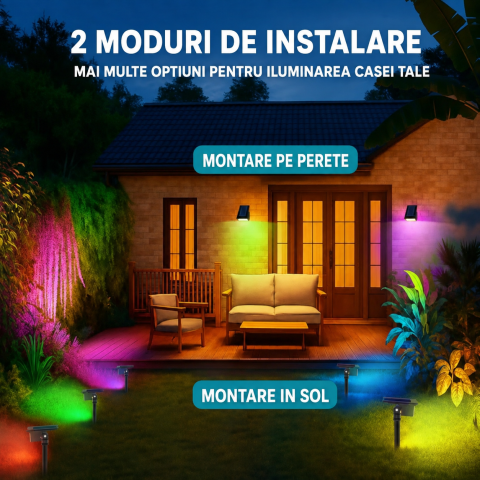 Set 4 Lampi Solare LED RGB Exterior, Proiector solar IP65, 800 lm/Lampa, 7 Moduri RGB, Acumulator 1500 mAh, Panou Solar Senzor Zi/Noapte, IP65, Montaj 2 in 1 Sol/Perete, Gradina, Curte, Alee, Terasa [4]