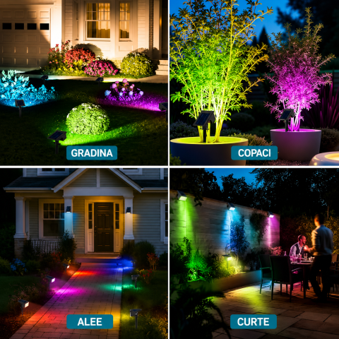 Set 4 Lampi Solare LED RGB Exterior, Proiector solar IP65, 800 lm/Lampa, 7 Moduri RGB, Acumulator 1500 mAh, Panou Solar Senzor Zi/Noapte, IP65, Montaj 2 in 1 Sol/Perete, Gradina, Curte, Alee, Terasa [5]