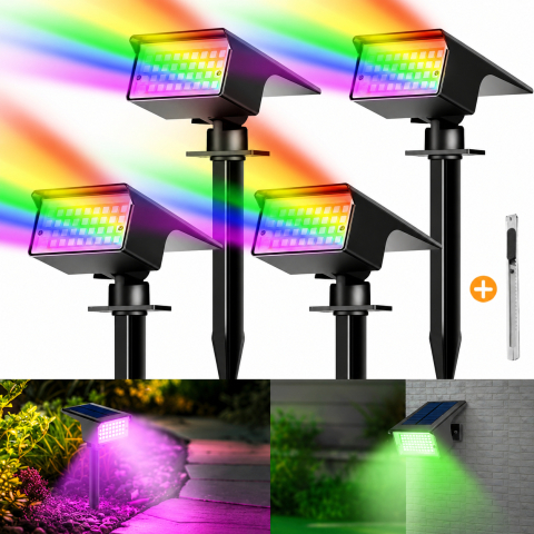 Lampi Solare & Decoratiuni - Set 4 Lampi Solare LED RGB Exterior, Proiector solar IP65, 800 lm/Lampa, 7 Moduri RGB, Acumulator 1500 mAh, Panou Solar Senzor Zi/Noapte, IP65, Montaj 2 in 1 Sol/Perete, Gradina, Curte, Alee, Terasa