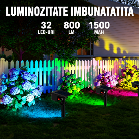 Set 4 Lampi Solare LED RGB Exterior, Proiector solar IP65, 800 lm/Lampa, 7 Moduri RGB, Acumulator 1500 mAh, Panou Solar Senzor Zi/Noapte, IP65, Montaj 2 in 1 Sol/Perete, Gradina, Curte, Alee, Terasa [3]