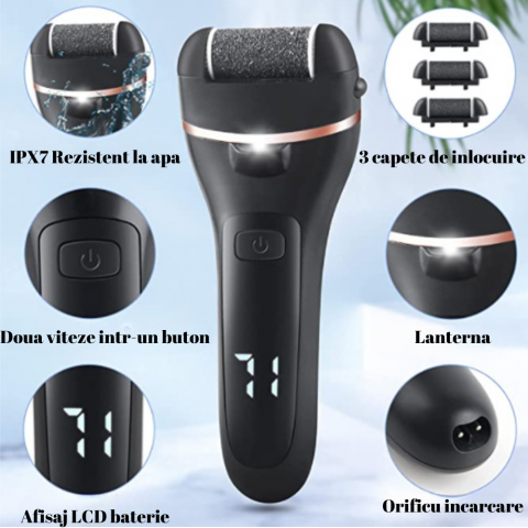 Set pila pentru talpi si calcaie, electrica cu 2 viteze, 3 capete incluse si accesorii, afisaj si lanterna cu led, reincarcabila cu USB, rezistent la apa, Neagra [4]