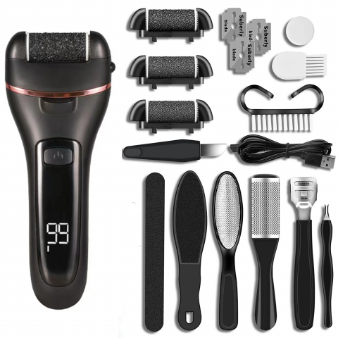 Aparate de intretinere faciala si corporala - Set pila pentru talpi si calcaie, electrica cu 2 viteze, 3 capete incluse si accesorii, afisaj si lanterna cu led, reincarcabila cu USB, rezistent la apa, Neagra