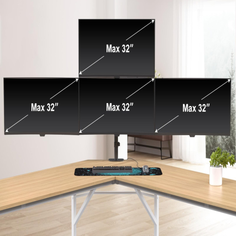Suporturi Televizor - Suport 4 Monitoare Premium Pholiten 17–32 inch, Brațe cu Arc pe Gaz, 10 kg/Braț, VESA 75x75/100x100, Reglaj Ergonomic, Prindere Clema sau Șurub, Negru