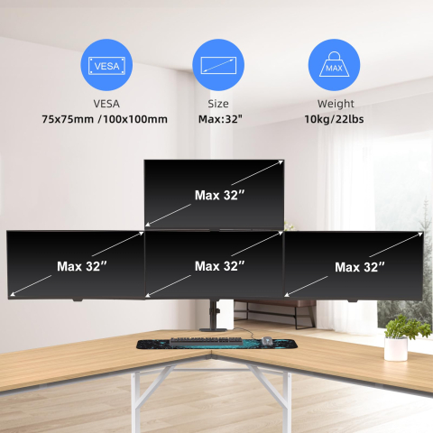 Suport 4 Monitoare Premium Pholiten 17–32 inch, Brațe cu Arc pe Gaz, 10 kg/Braț, VESA 75x75/100x100, Reglaj Ergonomic, Prindere Clema sau Șurub, Negru [1]