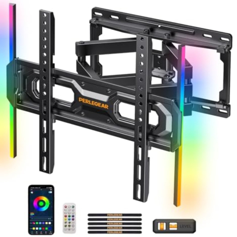 Suporturi Televizor - Suport TV Perete Perlegear 26–65 inch, 45 kg, VESA 400x400, Braț Extensibil Rotativ ±45°, Înclinare, LED RGB cu Sincronizare Muzică, Negru