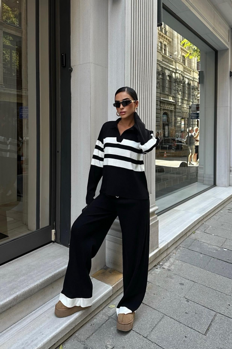 Compleu oversize negru din tricot cu dungi albe [2]