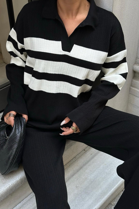 Compleu oversize negru din tricot cu dungi albe [4]