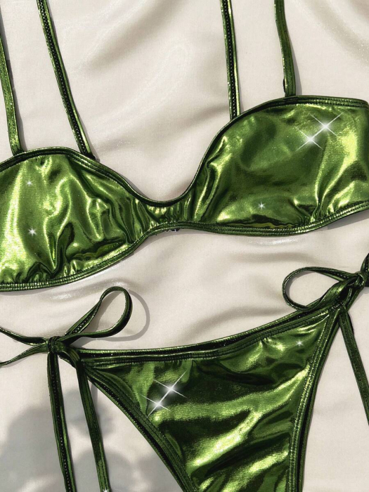 Costum de baie 2 piese, verde metalizat [4]