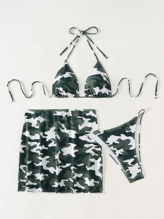 Costum de baie 3 piese,  cu imprimeu army [3]