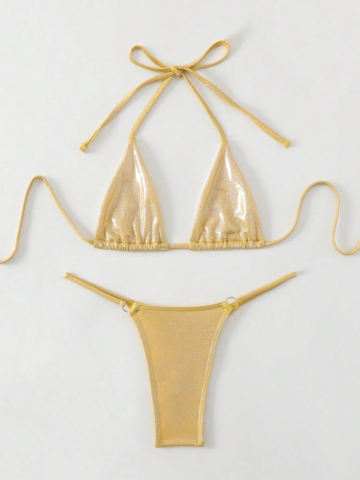 Costum de baie din 2 piese, auriu, cu aspect stralucitor [2]